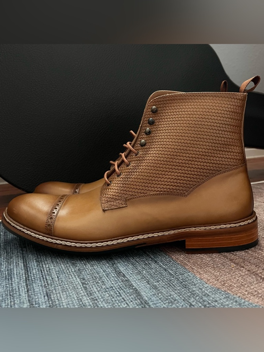 TAFT Woven Cap Toe Boots Tan Leather Size 44 Men’s Lace Up Dress Boot Spain - Picture 3 of 12